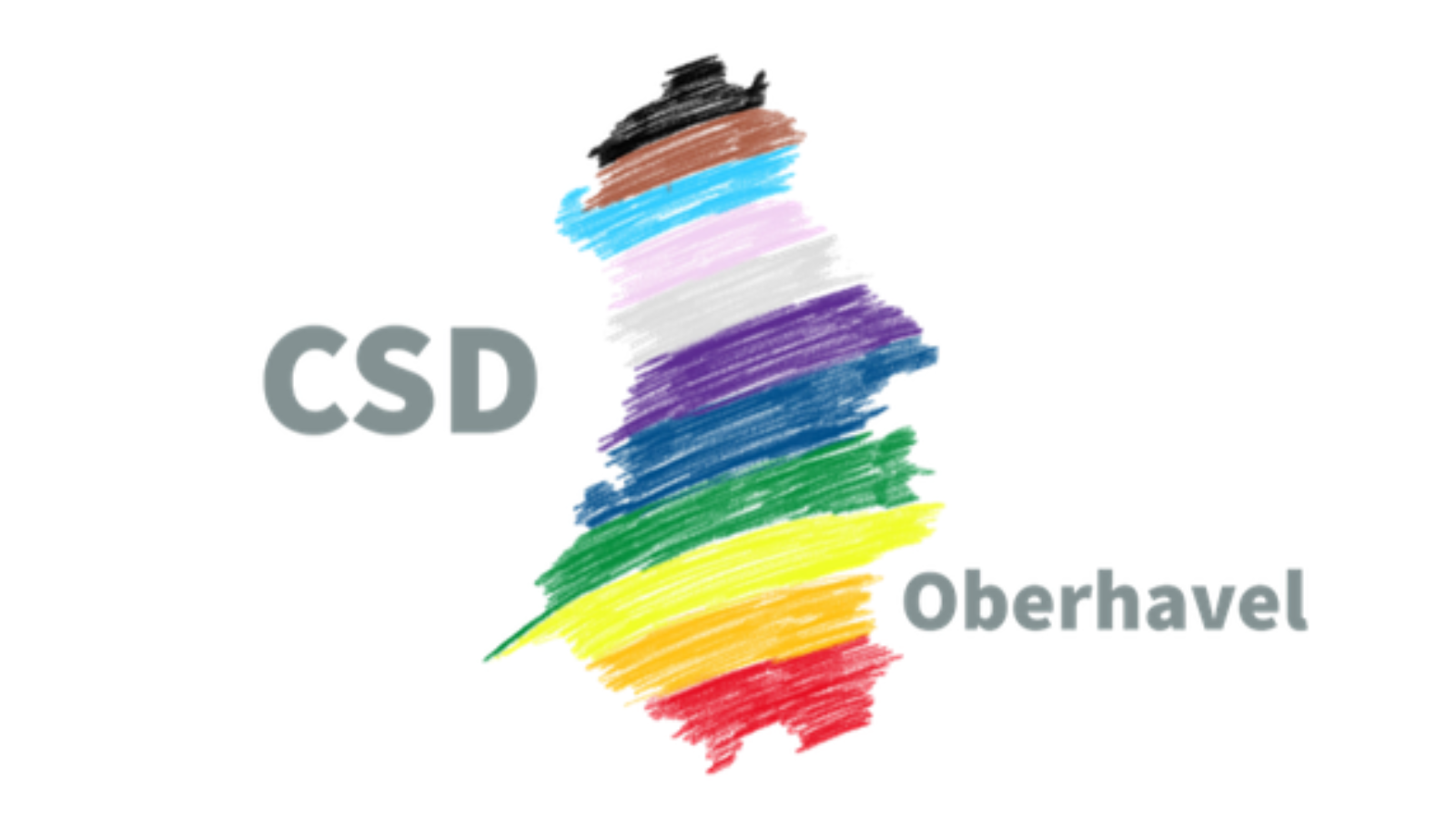 Mitte: Kartenausschnitt des Landkreises Oberhavel, ausgemalt in den Farben Schwarz, Braun, Hellblau, Rosa, Grau, Lila, Dunkelblau, Grün, Gelb, Orange und Rot. Links steht CSD, rechts Oberhavel.