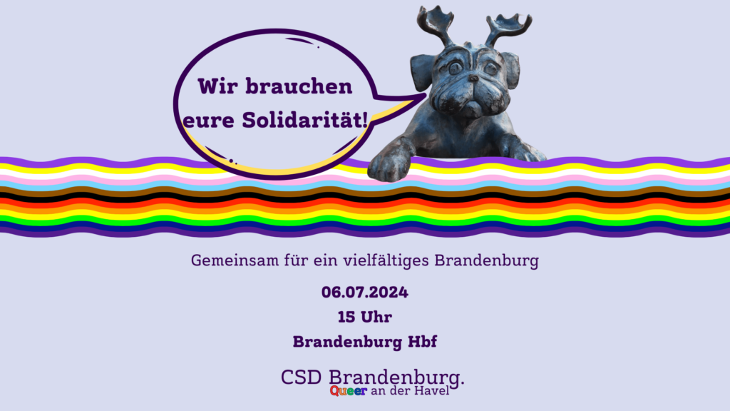 Auf einem fliederfarbenem Hintergrund ist eine Welle zu sehen, die in den Farben der progressiven Prideflagge gehalten wurde (von oben nach unten: Helllila, Gelb, Weiß, Rosa, Hellblau, Braun, Schwarz, Rot, Orange, Gelb, Grün, Dunkelblau, Dunkellila). Darauf ist ein Mops mit Geweih aus Stein. Links neben ihm ist eine Sprechblase, mit dunkellila Umrandung und hellgelber Schattierung, in der steht: "Wir brauchen eure Solidarität!". Unter der Welle steht: "Gemeinsam für ein vielfältiges Brandenburg" und als gefetteter Text: "06.07.2024 - 15 Uhr - Brandenburg Hbf". Unten steht der Slogan "CSD Brandenburg. Queer an der Havel".