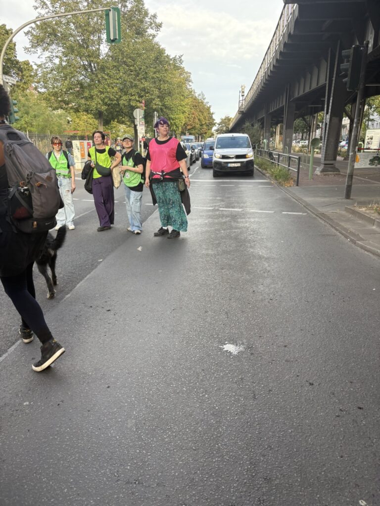 Ordner*innen der Demonstration. Dahinter warten Autos.